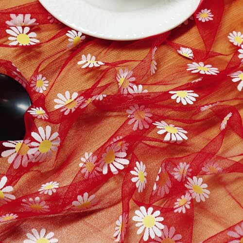 Daisy Gauze Table Runner 120 Inch 10FT, Floral Flower Tulle Table Runner Seasonal Kitchen Dining Table Decorations for Party Wedding Christmas Holiday Birthday (Red) - color: Red