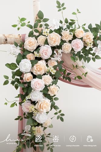 Ling's moment Wedding Arch Flowers with Drapes Kit-Pack of 5, 2pcs Flower Arrangements 3pcs Sheer Hanging Drapes White Ceremony Arbor Backdrop Artificial Rose Floral Decorations, Blush Cream - color: Pk-blush Cream