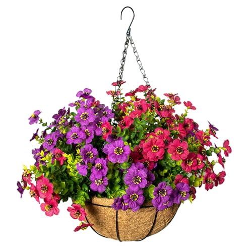 Artificial Hanging Flowers for Outdoors with Basket,UV Resistant Realistic Faux Hanging Plants Outdoor Artificial Flowers for Outdoors Basket for Yard Porch Patio,12 Bundles(Fuchsia,Rose red) - color: Fuchsia+rose Red