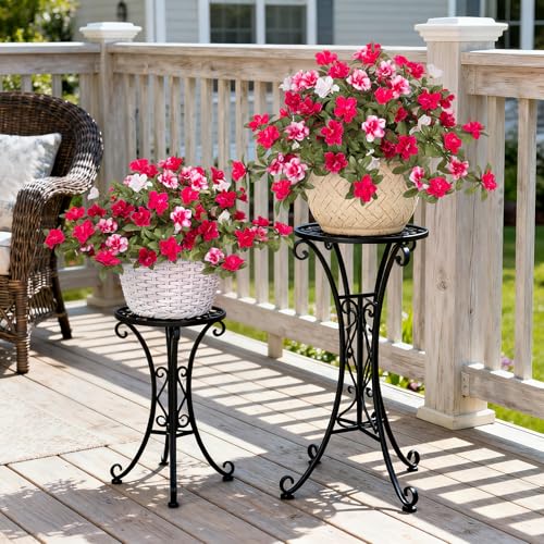 Ammyoo Artificial Fake Azalea Flowers for Outdoor Spring Decoration, Faux Silk Flower for Summer UV Resistant Look Real Plants for Garden Yard Porch Walkway Indoor Decor, 2PCS - color: Rose Pink White