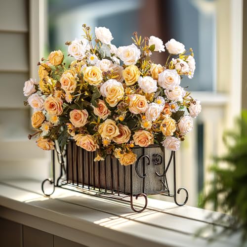 Artificial Rose Flowers for Outdoor 4 Bundles Rose Bouquet with Daisy Faux Flowers UV Resistant for Home Indoor Outside Garden Porch Window Box Balcony Yard Porch Fall Decor (White+Yellow) - color: White+yellow
