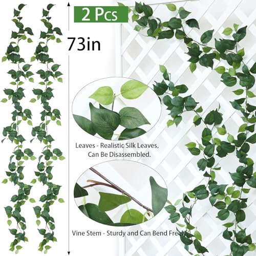 Mizii 2 Strands Artificial Scindaps Vines Garland 73" Fake Vine with Silk Green Leaves Faux Evergreen Hanging Plants Greenery Decoration for Party Wedding Bedroom Home Wall Room Decor (Scindapsus) - color: Scindapsus