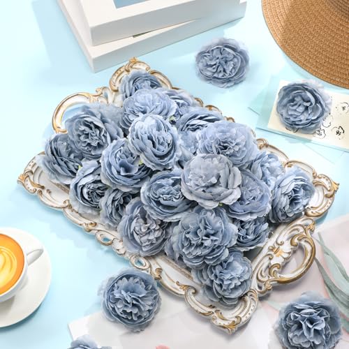 Thiccywoov 50 Pcs Artificial Flowers, 3.2 Inches Silk Rose Head Flowers Fake No Stem for Wedding Bridal Bouquet Home Floral Decor DIY Centerpieces Arrangements Party Tables Decoration(Dusty Blue) - color: Dusty Blue