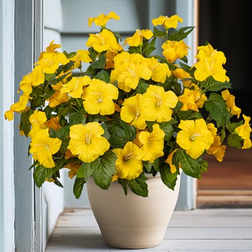 19 Inch Artificial Fake Flowers for Outdoor,4 Pcs Yellow Faux Silk Petunias Spring Flowers for Outside for Indoor Porch Planter Front Door Garden Patio Window Box Home Decor - color: Yellow