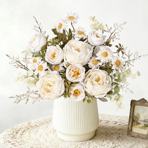 Artificial Roses Flowers 3 Pack Vintage Roses White Flowers Small Silk Rose Bouquet with Daisy Flowers Faux Floral Arrangements for Vase Centerpiece Table Wedding Party Bridal Decor - color: Cream White, size: 3PCS
