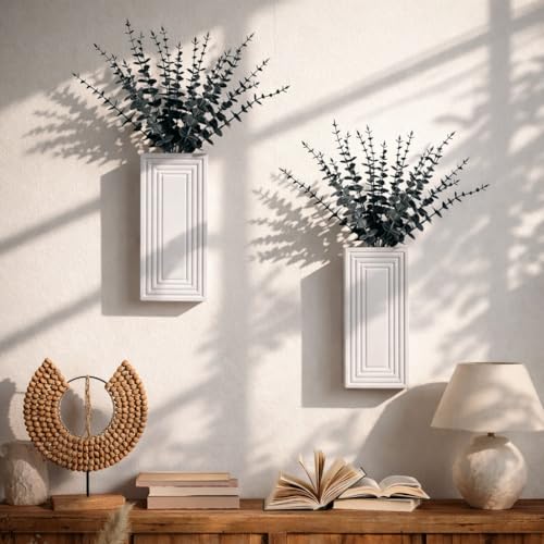 Wooden Wall Planter Vase,2 Pack Hanging Planter for Indoor Fake Plants Modern Boho Farmhouse Wall Art Decor for Home Indoor Kitchen Modern Farmhouse Bathroom Living Room Dining Room(White) - color: White