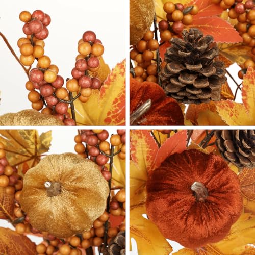 Briful 2Pack 16in Fall Picks and Sprays with Velvet Pumpkins Pinecones Berries Maple Leaves Artificial Fall Floral Branches Stems for Vases Autumn Table Centerpieces Seasonal Home Decor - color: Yellow Brown