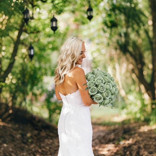 50 PCS Green Roses Artificial Flowers, Fake Roses with Stem Realistic Silk Roses for DIY Wedding Bouquets Tables Centerpieces Arrangements Baby Shower Birthday Home Decor Valentine's Day Gift for Her - color: Elf Green