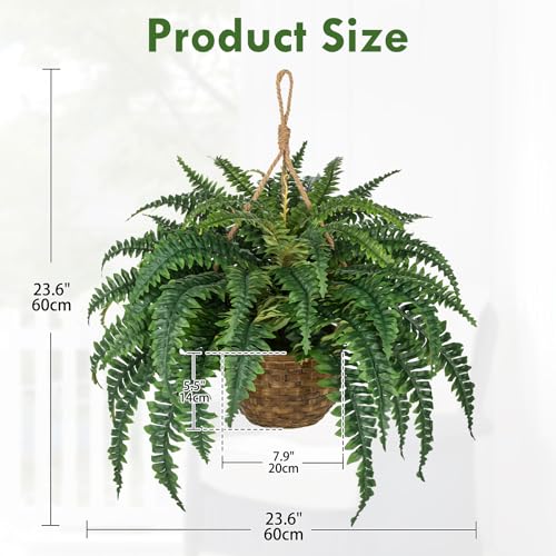 Hollyone Large Fake Hanging Ferns 49 Leaves Boston Ferns Artificial Plants Outdoor Indoor Potted Plant 23.6inch Faux Fern in Baskets Pot Artificial Hanging Fern Bush Plant for Patio Garden Porch Decor - size: Hanging Fern