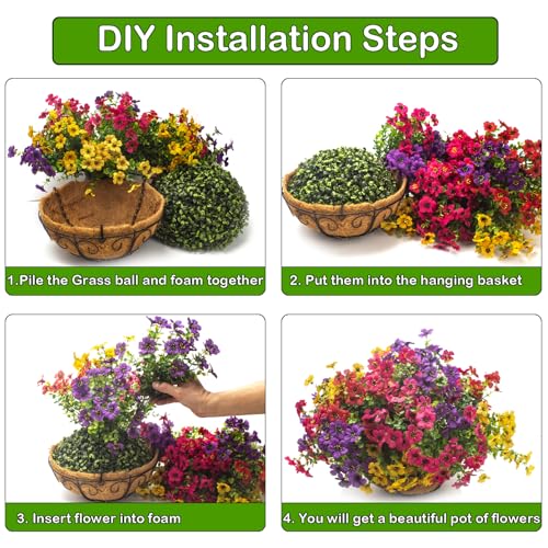Grunyia Artificial Hanging Flowers Basket with Colorful Silk Daisies & Eucalyptus - UV/Sun-Resistant Plant for Outdoor Porch, Patio, Balcony - Indoor/Outdoor Home Decor