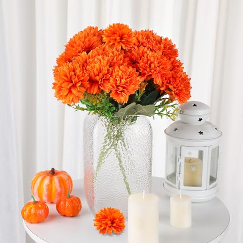 12Pcs Artificial Fall Flowers, Fake Silk Chrysanthemums Orange Marigold Ball Flower Fake Mums for Autumn Dia De Los Muertos Day of The Dead Home Decor Outdoors Indoor