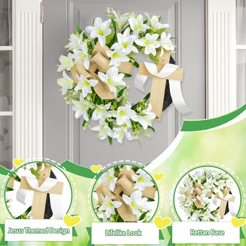 18 Inch Easter Wreath with Cross for Front Door Artificial Lily Flowers Cross Wreath Spring Easter Religious Garland Hanging Ornament for Spring Holiday Farmhouse Wall Window Party Decor - color: Easter-1