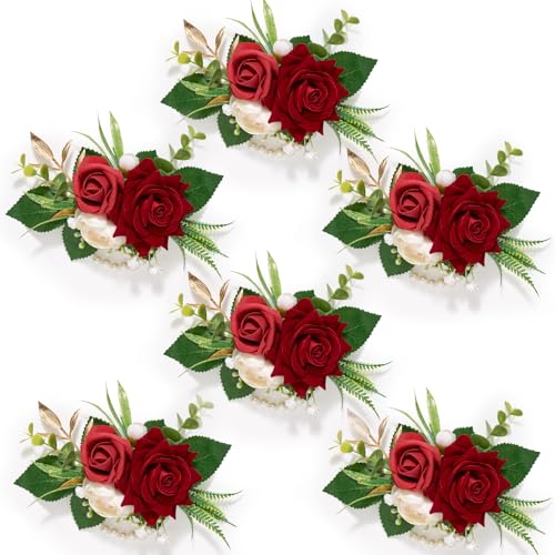 Serwalin 6 PCS Burgundy Wrist Corsage for Wedding, Roses Wrist Corsage for Prom Homecoming Party Corsage Hand Decor for Bride Bridesmaids, Mother of Bride and Groom - color: Red, size: Corsage 6pcs