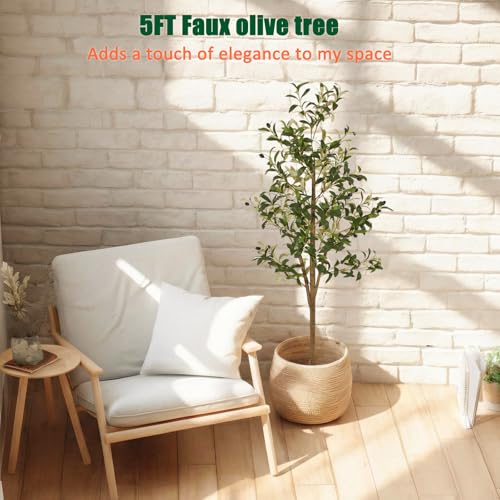 5ft Artificial Olive Trees Indoor, Faux Olive Tree 5 Feet Fake Plants with Realistic Leaves Olive Silk Tree Home Bedroom Housewarming Gifts - color: 5ft