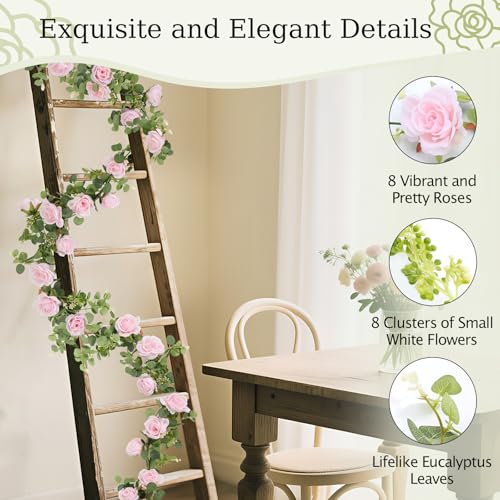 Lewondr Artificial Eucalyptus Garland with Flower - 8 Roses, 6FT Faux Floral Greenery Garlands Fake Flowers Vines, Maintenance-Free for Wedding Table Backdrop Party Centerpiece Room Decor, Pink - color: Pink, size: 1 Pack