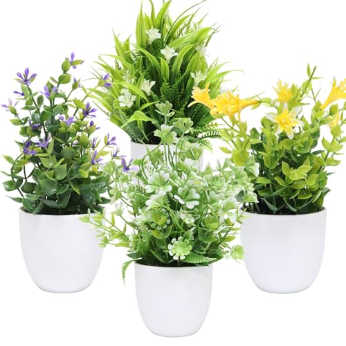 Uguisu 4 Pcs Small Fake Plants Indoor Artificial Plants Simulation Plants for Bathroom Decor Office Decor Room Decor Home Decor Indoor-White with Flowers - color: White