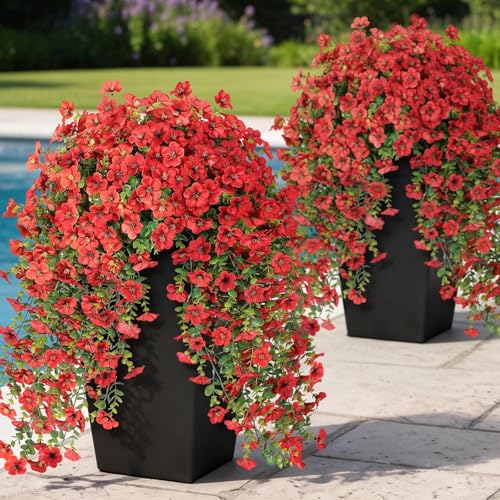 VIERENA 4 Bundles Artificial Hanging Morning Glory Flowers for Outdoor, Realistic Hanging Flowers Silk Fake Morning Glory with Faux Eucalyptus for Yard Garden Porch Patio Balcony Home Decor (Red) - color: Red