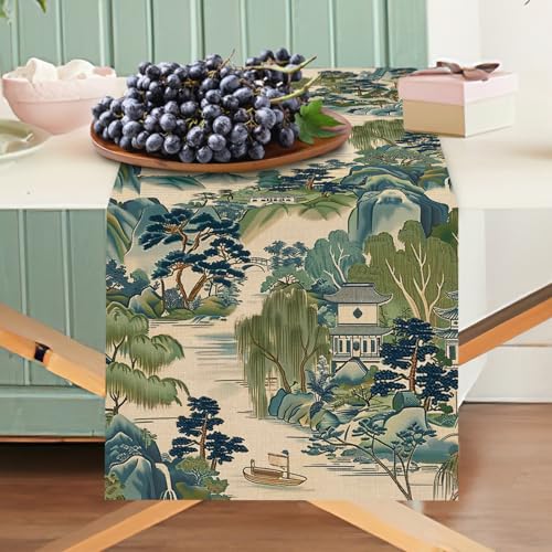 Chinoiserie Vintage Style Mountain Dining Table Runner, Landscape Painting Art Burlap Kitchen Decoration, Retro House Trees Indoor Outdoor Home Decor Party Supply 13x36 Inches - color: Landscape Painting, size: Table Runner 13''X36''