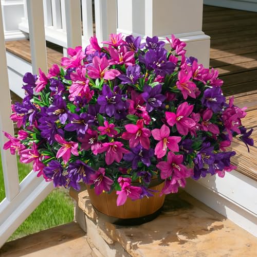INSPRING Artificial Fake Flowers for Outdoors Spring Summer Decoration, 3 Bundles Realistic Outdoor Faux Azalea Plants UV Resistant Silk Flowers for Outside Planter Patio Porch Garden Yard Home Decor - color: Purplefuchsia