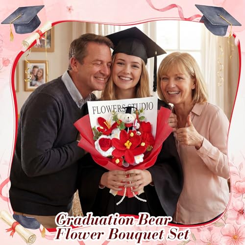 Giegxin Large Graduation Bear Flower Bouquet Set 2026 Crochet Graduation Bouquet Gift Hand Knitted Tulip Daisy Sunflower Rose Bouquets Greeting Card Gift Bag for Wedding Birthday Party Favors(Red) - color: Red