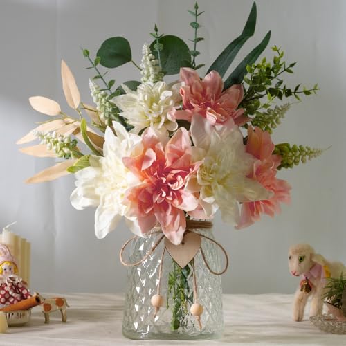 Fake Flowers with Vase Silk Flowers in Vase Dahlia Flowers Arrangement Suitable for Home Office Decoration, Dining Table Centerpiece (Dahlia-White Pink) - color: Dahlia-white Pink
