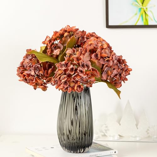 TOPIA Silk Fall Flowers Artificial Silk Dried Hydrangea Flowers Fall Hydrangeas Bouquet Autumn Florals Decorations for Office and Home(6 PCS) (Orange) - color: Orange