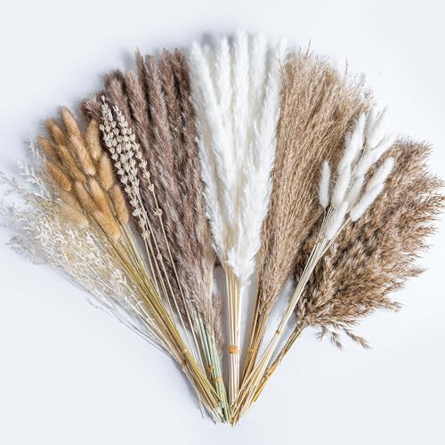 Natural Pampas Grass 8kind Grass Mix Bouquet | Dried Pampas Bouquet for Wedding Boho Flowers Home Table Desk Decor, Rustic Farmhouse Decor (93PCS) - size: 93PCS