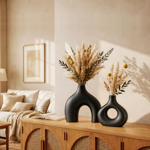 Black Ceramic Flower Vase Home Decor Set of 2, Farmhouse Table Vases Rustic Vintage Living Room Kitchen Bedroom Decorations for House Book Shelf Office Coffee Desk Dining Fireplace - color: Large Black