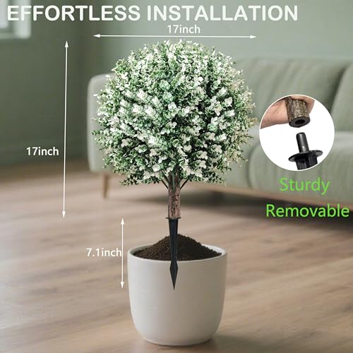 THKFUL 2PCS Artificial Boxwood Topiary Ball Tree, 24" Artificial Plants Outdoor with Spike, UV Resistant Eucalyptus Gazing Balls Fake Bushes Shrubs with Spike for 4th of July Garden Patio Office Home - style: White Boxwood