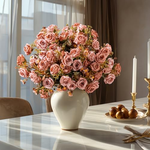 Artificial Rose Flowers for Outdoor 4 Bundles Rose Bouquet with Daisy Faux Flowers UV Resistant for Home Indoor Outside Garden Porch Window Box Balcony Yard Porch Fall Decor (Brown) - color: Brown