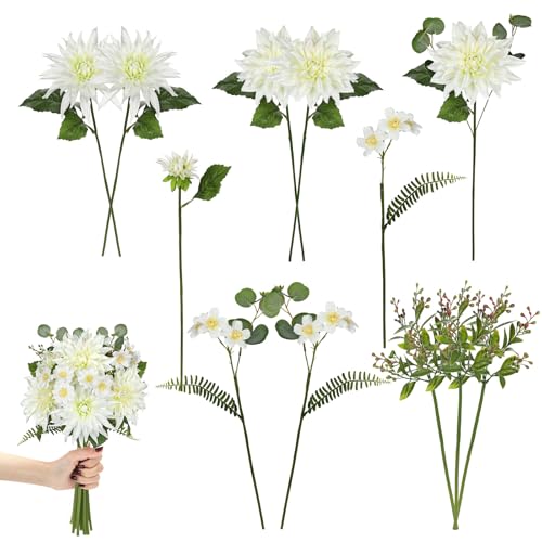 GnFlus Dahlia Artificial Flowers, 12PCS Mixed White Faux Flowers with Dahlia & Daisies, Up to 20.4 Inch Long Silk Fake Flowers for Vase DIY Wedding Bouquet Party Centerpieces Arrangement Home Decor - color: Dahlia, White