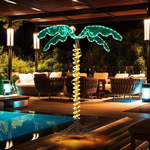 VINGLI 4FT Lighted Palm Tree Christmas Tree, Outdoor for Outside Patio Pool Yard Holiday Decor, Artificial Light up with Lifelike Leaves and Rope LEDs - size: 4ft