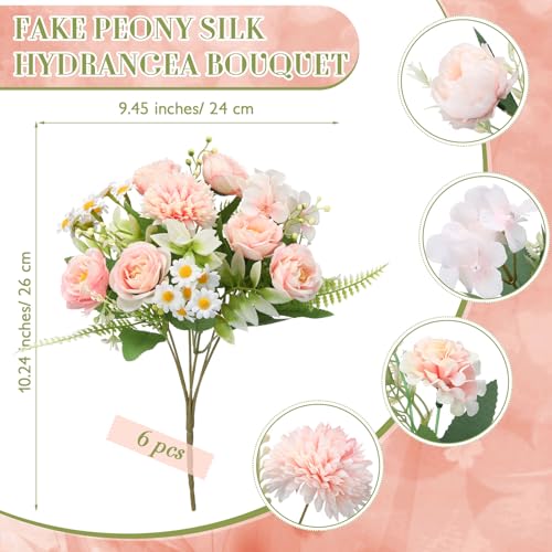 Tigeen 6 Bundles Artificial Bouquet Flowers Artificial Peonies Faux Roses Silk Flowers Hydrangea Bouquet for Wedding Table Centerpiece Floral Vase Decor (Pink) - color: Pink