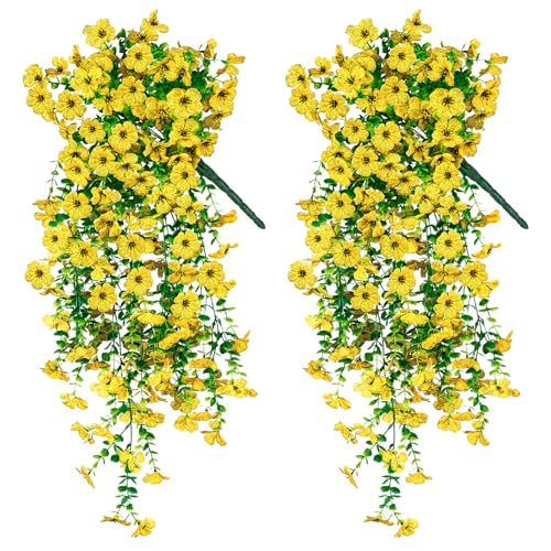 Artificial Hanging Flowers for Outdoors Decorations 2 Pack, Fake Hanging Flowers, UV Resistant Artificial Hanging Plants Outdoors for Home Porch Patio Balcony Baskets Yard(Yellow) - color: Yellow