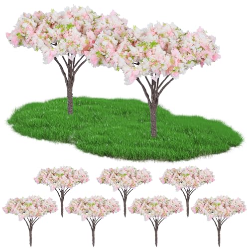 HOMSFOU 8pcs Cherry Blossom Tree Model, Artificial Blossom Cherry Tree Scenery Model Miniature Sand Table Accessories for Train Railway Architecture Diorama Micro Landscape Garden Yard Decor
