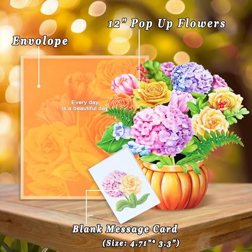 Airpark 3D Pop Up Paper Flowers Bouquet Card 12’‘ with Note & Envelope, Birthday Gifts, Get Well, Thank You, Greeting Cards for Women Mom Wife Friends, Nobility Hydrangeas Rose - style: Rose Hydrangea Pumpkin