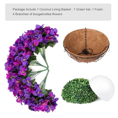 Artificial Hanging Flowers Plant with Basket for Outdoors Spring Decor, Fake Hanging Plants Faux Bougainvillea in Planter Look Real UV Resistant Silk Flowers for Outside Porch Patio Garden Home, Mix - color: Dark Purple + Fuchsia