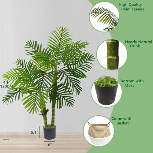 Warmplants Artificial Palm Tree, 4ft Golden Cane Fake Palm Plant with Basket, Phoenix Palm UV Resistant Faux Plants for Indoor Outdoor Home Garden Patio Office Décor - color: Palm, size: 4ft