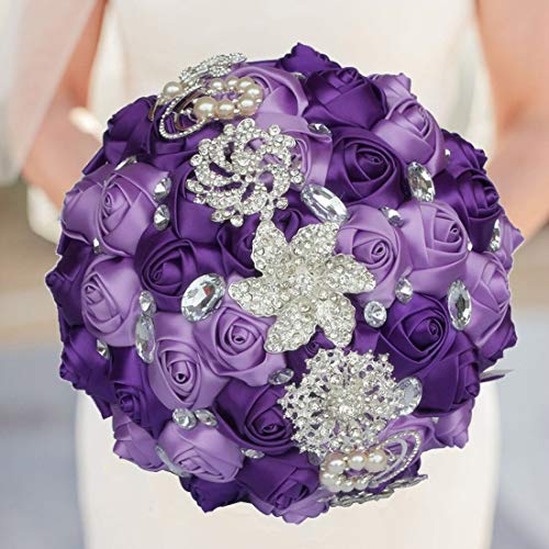 Wedding Bouquets Crystal Satin Rose Bride Bridal Bouquet Romantic Bridesmaid Holding Flower for Valentine's Day Confession Party Church Decor (Purple Lavender) - color: Purple Lavender