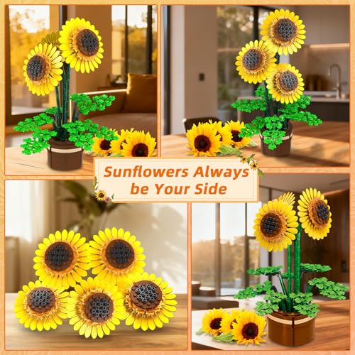 Sunflower Building Set Flowers with Vase, Botanical Collection Kit for Adults - 739PCS Sunflowers Bouquet, Birthday Day Sunflower Gifts for Adults Women