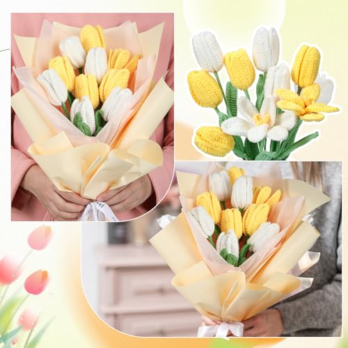 Shihanee 10 Pcs Tulip Crochet Flowers Bouquet Handmade Knitted Flower Decor Birthday Gifts for Women Grandma Spring Home Vase Centerpiece, 13.7", Vase Not Inchluded(Yellow, White) - color: Yellow, White