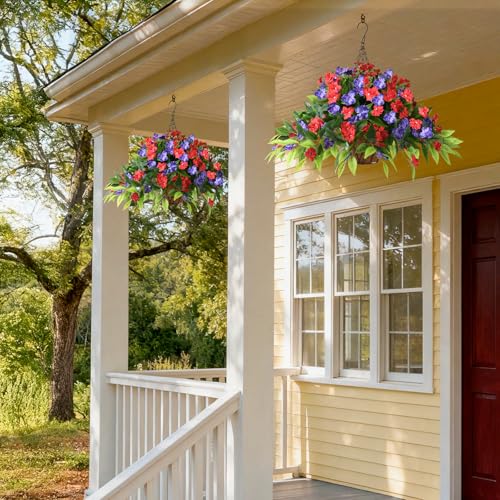 Hommyea Artificial Flowers for Outdoor, 2 Bundles UV Resistant Fake Plants Decoration Realistic Faux Silk Flowers No Fade Plastic Flowers for Outside Planters Home Porch Patio Yard Garden Decor - color: Red Deep Blue