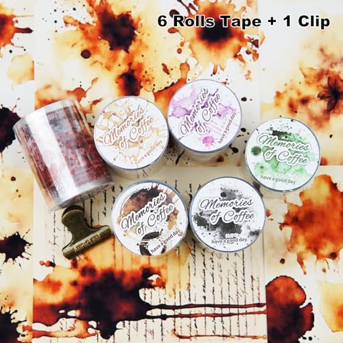 Memories of Coffee PET Tape Set, 6 Rolls Vintage Coffee Stain Stickers with Clip for Scrapbooking, Journaling, DIY and Crafts Supplies - color: Coffee Memory