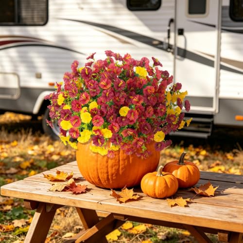 ADXORA 12 PCS Fake Fall Morning Glory Mums Artificial Flowers for Outdoors | UV Resistant Plastic Plants Artificial Greenery for Indoor Outdoor Garden Patio Window Box Home Decor - color: Yellow Brown Grayish-red