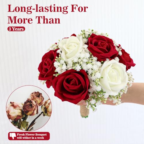 Burgundy Bridesmaids Bouquets Set of 4 - 7 Inch Artificial Flower Bouquet for Bridesmaid Pre-made Gypsophila Silk Rose Small Floral Bouquet for Wedding Bridal Shower Ceremony Anniversary Deocr - color: Burgundy Gypsophila Sage, size: Set of 4 Bridesmaid B