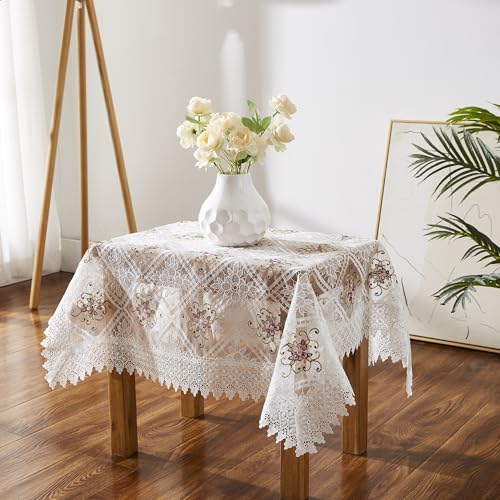 LinenZone White Farmhouse Tablecloth with Colorful Flower Design. 36 Inch Square Tablecloth for Small Table, Dresser, Coffee Table. Macrame Cover for Farmhouse Decor. (Viola 36 x 36, White) - color: White, size: 36" x 36" (Square)