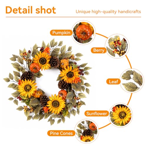 20" Fall Wreath Front Door Pumpkin Sunflower Pine Cones Artificial Wall Decor Farmhouse Autumn Wreath Thanksgiving Home Porch Outdoor Indoor Holiday Harvest Decor - color: Brown, size: 20''
