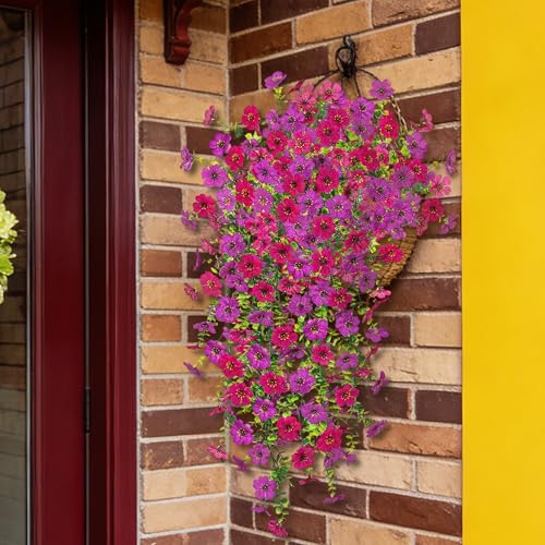 Ammyoo 2Pcs Fake Hanging Flowers for Outdoor Decoration Artificial Hanging Flowers Realistic Daisy Plants UV Resistant, Faux Silk Flower for Porch Patio Window Box Outside Decor(Fuchsia Purple) - color: Fuchsia Purple