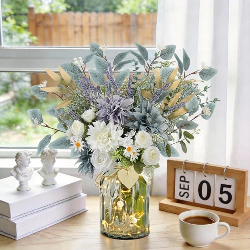 Fake Flowers with Vase, Silk Dusty Blue Rose Hydrangea Lavender Artificial Cemetery Flowers in Vase Faux Dahlia Flowers Arrangement for Table Centerpiece Summer Spring Gravesites Grave Home Decor - color: Dusty Blue White
