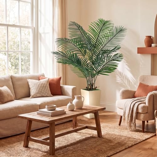 6FT Artificial Palm Tree, Palm Tree 72in Tall Faux with 15.7 White Planter, Fake Potted Tree with Lifelike Leaves for Indoor & Outdoor Home Office Decor
